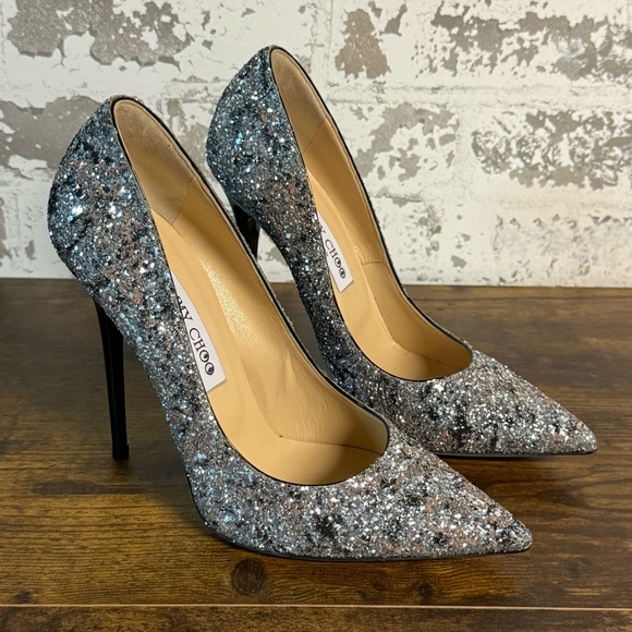 Jimmy Choo Silver Glitter Romy Pointed Toe Pumps Size 38 US size 8 - Picture 2 of 9